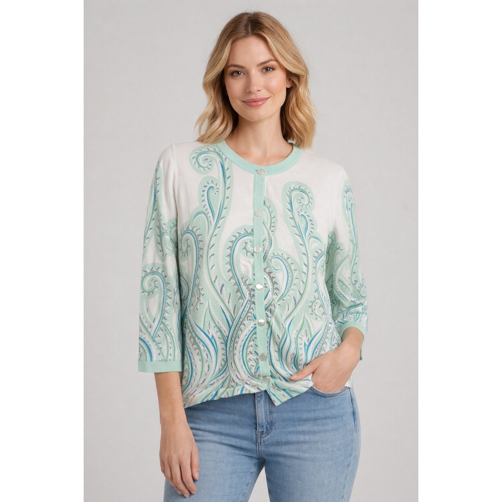 Bob Mackie Wearable Art Mint Green Paisley Cotton Cardigan Sweater XL 3/4 Sleeve